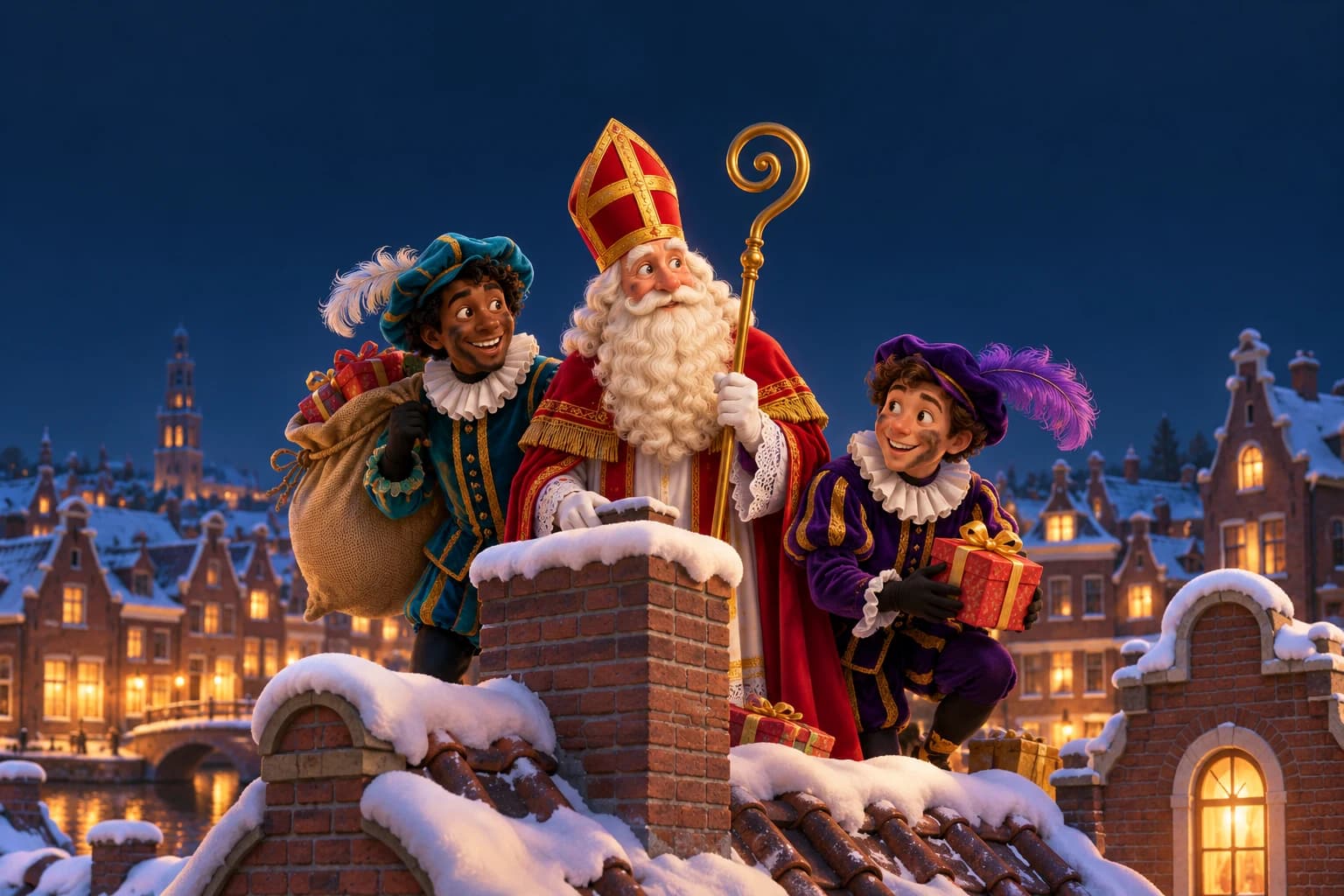 Sinterklaas en twee vrolijke roetveegpieten op besneeuwde Hollandse daken, in een warme 3D-animatiefilmstijl